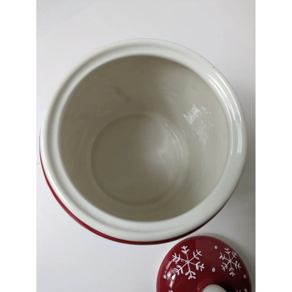 Hallmark Christmas Red Cookie Jar Canister 3 Snowmen Snowflakes 9